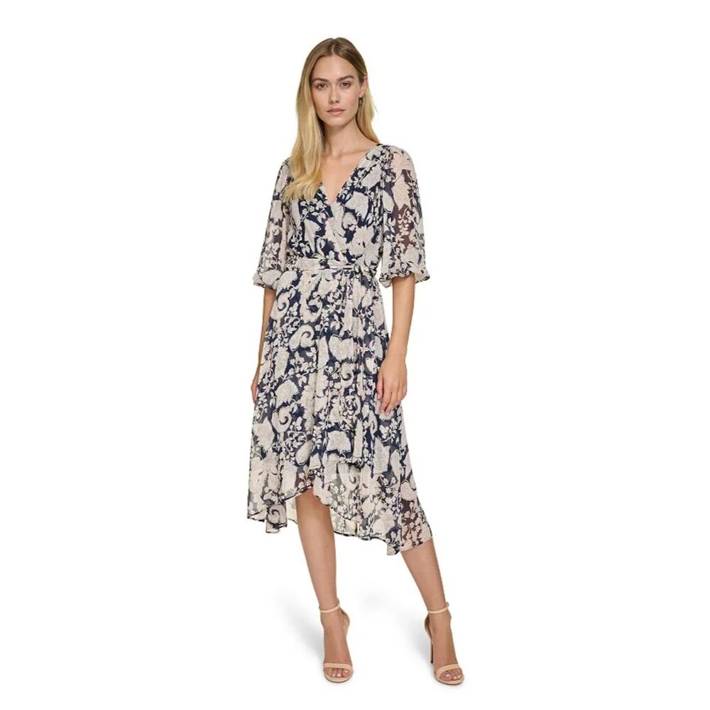 4058)Harper Rose Navy multi 3/4 Balloon Sleeve Belted Wrap Midi Dress Size  14